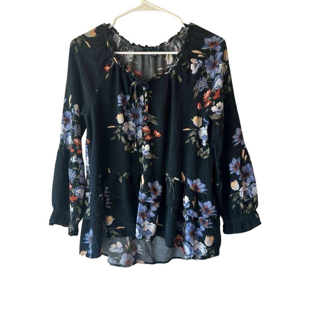 American Eagle Women's Small Black Blue Floral Fairy Cottage Babydoll Blouse Top